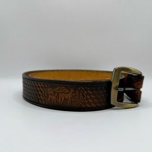 Vintage Tooled Buckle Belt 40 Cowhide Leather Deer Brown Western Cowboy